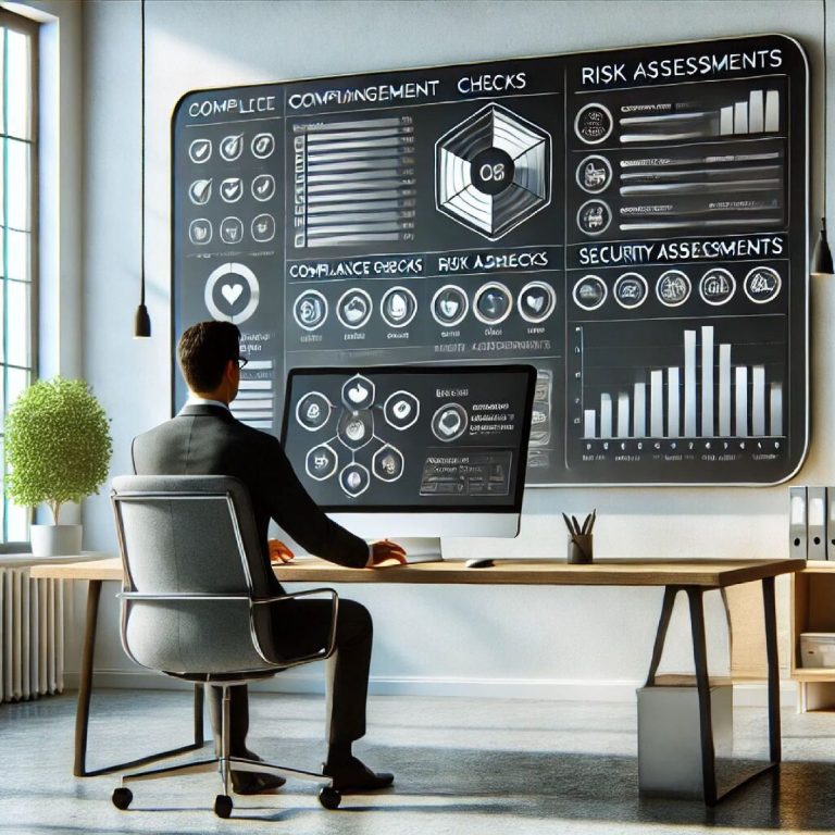 Konzept vom Datamanagersystem, Bild zum Text Mann sitzt an einem Schreibtisch vor einem großen Bildschirm mit Datenanalysen.
